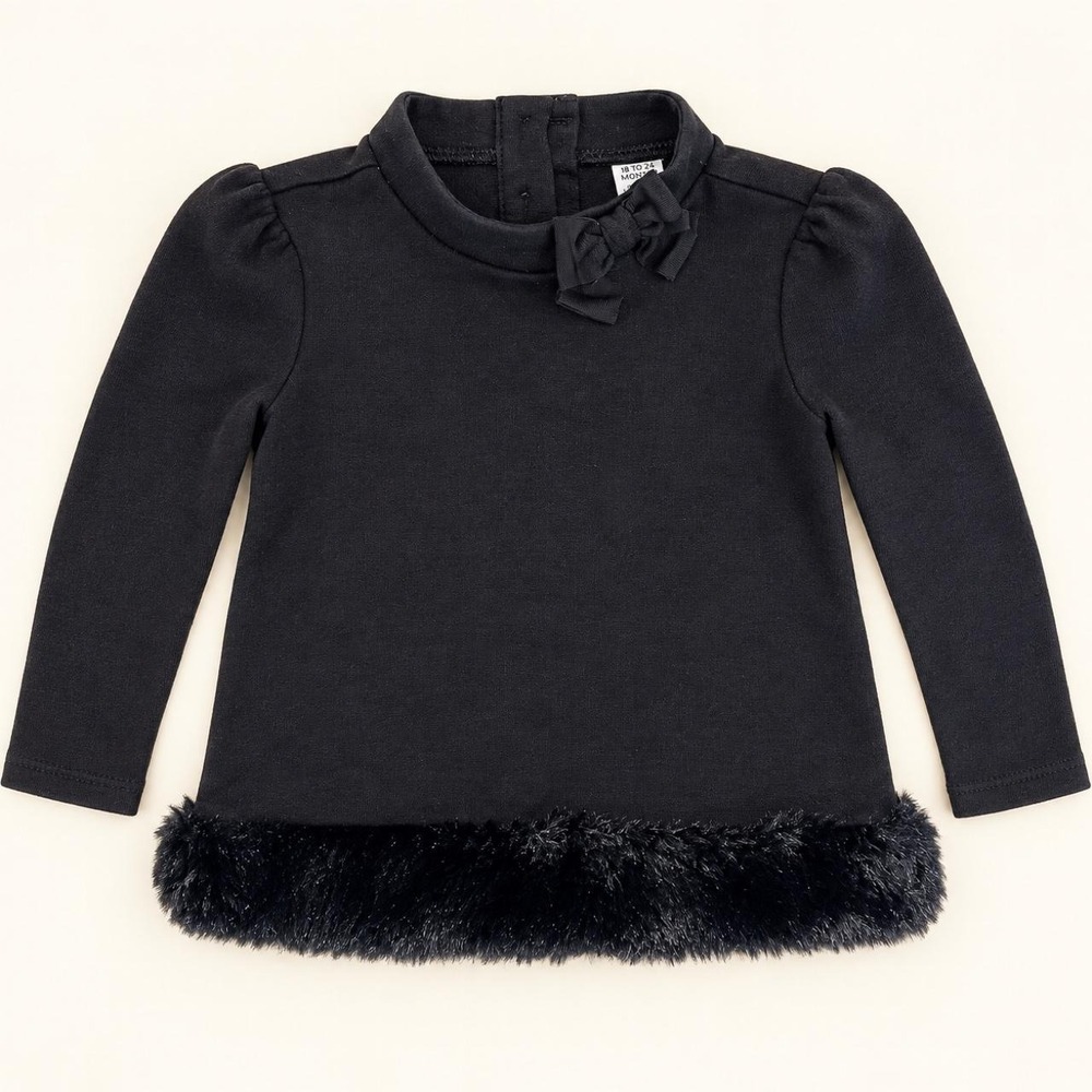 Janie and Jack Black Faux Fur Trim Bow Top – 18–24 Months